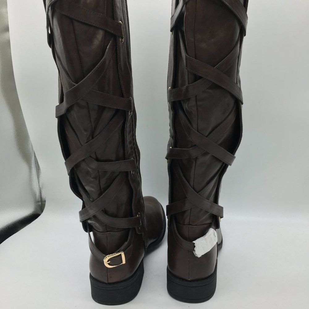 Brown Knee High Boots Low Heels Side Zipper Fall Winter Boots Shoes - Picture 4 of 10